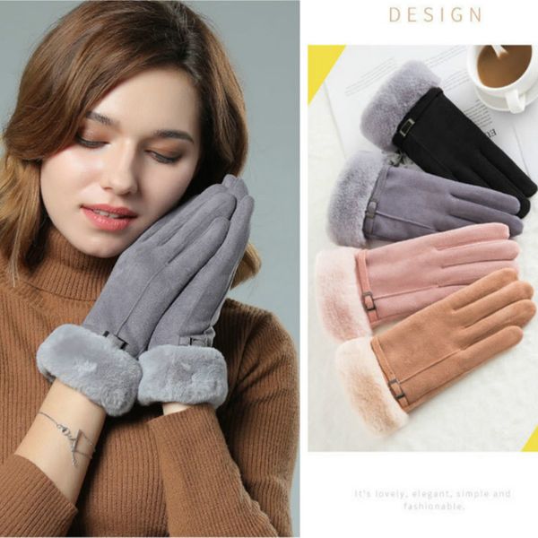 

coslony winter female double thick plush wrist warm cashmere cute cycling mittens women suede leather touch screen driving glove, Blue;gray
