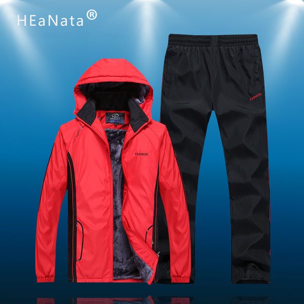 

winter men sport hoodie suits fleece warm mens tracksuit set casual sportwear set jacket + pants thick running sets, Black;blue