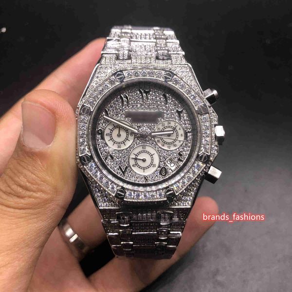 

популярные мужские арабские часы с циферблатом iced diamond watch серебряный корпус из нержавеющей стали с бриллиантами многофункциональный, Slivery;brown