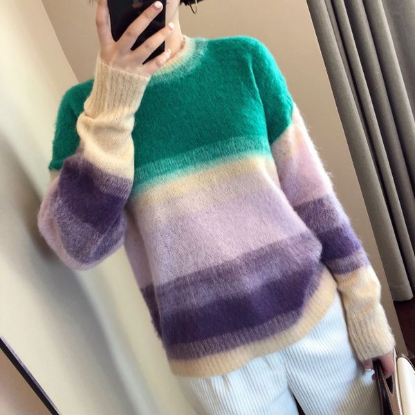 

women sweater 2020 spring summer new rainbow gradient mohair wool sweater, White;black