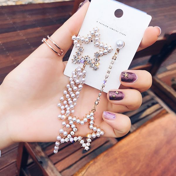 

trendy crystal star women dangle earrings asymmetric pearl pentagonal star shoot earrings bohemian drop earrings, Silver