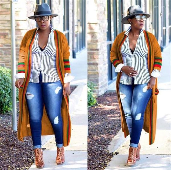 

stripe long womens outerwear ribbon plus size spring ladies designer cardigan coats female clothing loose red green, Black