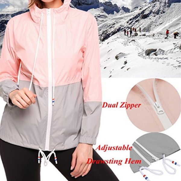 

outdoor solid color stitching waterproof lightweight ladies coat windproof hooded rain jacket ql sale, Black;brown