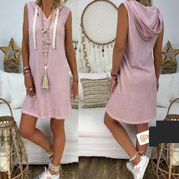 

women's leisure casual loose sleeveless holiday v-neck solid color hooded short dress, Black;gray