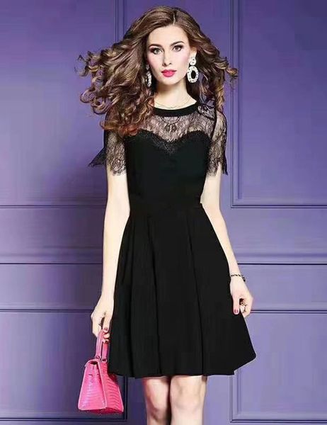 

lace patchwork women a-line dress short sleeve party dresses 058199, White;black