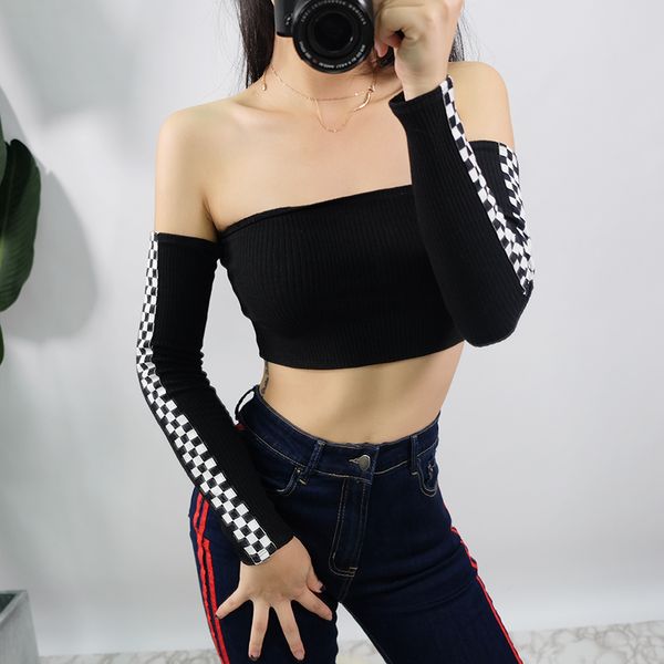 

New Womens Patchwork Plaid Printed Tshirt Off The Shoulder Checkboard Cropped Tops Long Sleeve Slim Streetwearblack Top