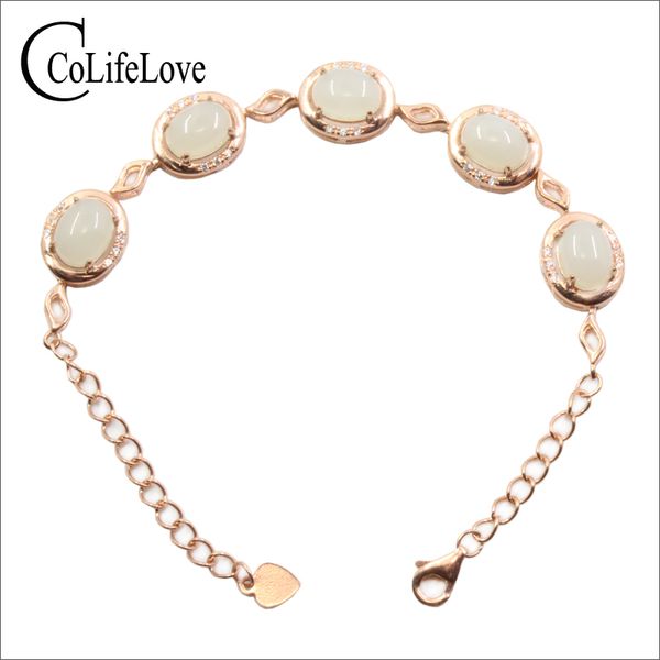 

colife jewelry classic 925 silver jade bracelet 5 pieces natural milk white jade silver bracelet sterling jewelry, Golden;silver