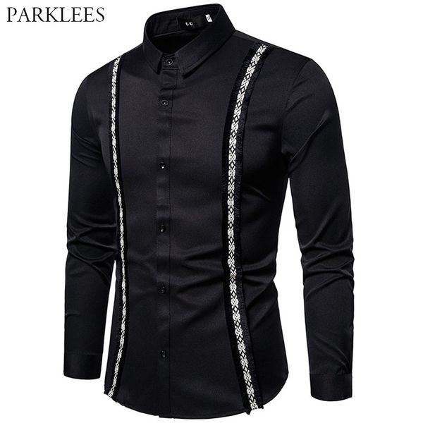 

ethnic floral patchwork mens dress shirt party prom shirts for men casual button up mens long sleeve shirt chemise homme male, White;black
