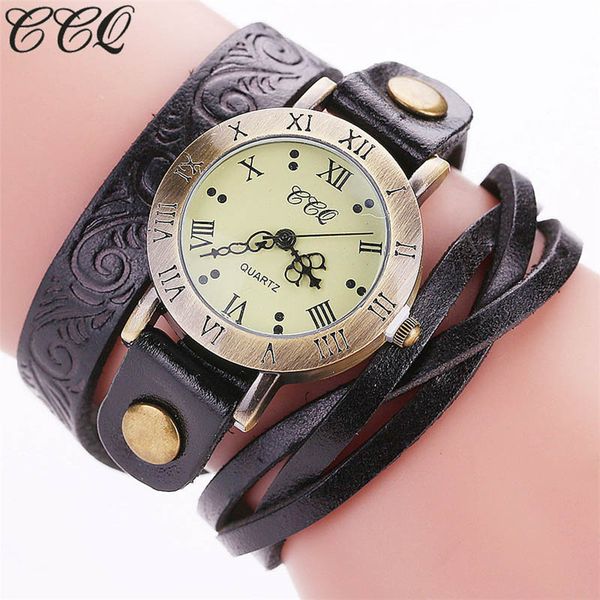 

ccq vintage women bracelet watches multilayer wrapped cow leather strap roman numbers quartz watch casual wristwatches gift, Slivery;brown