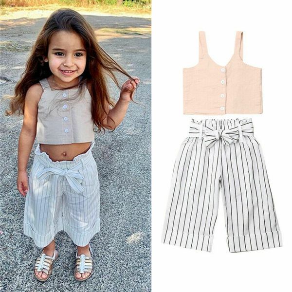 

toddler kid baby girl clothes vest + striped long pants trousers 2pcs outfit clothes outfits set, White