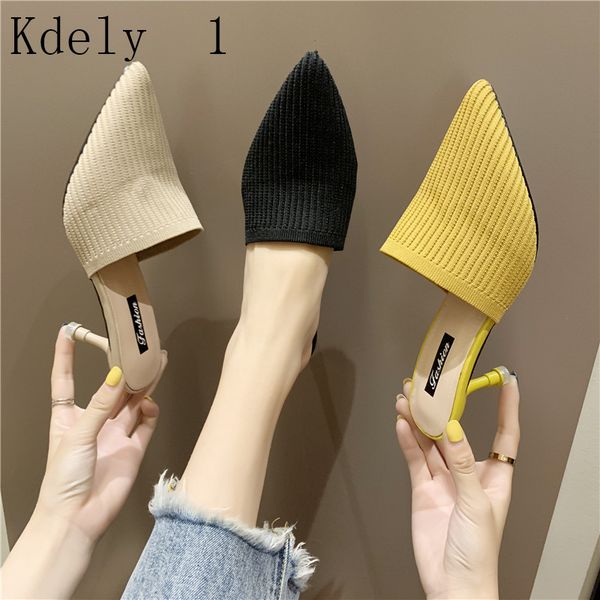 

mules slippers knitted sandals summer slip on slides pointed toe lace mesh fashion women shoes 2019, Black