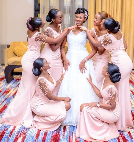 

customize new arrival pink mermaid bridesmaid dress long v neck wedding guest gown black girl prom evening party gown, White;pink