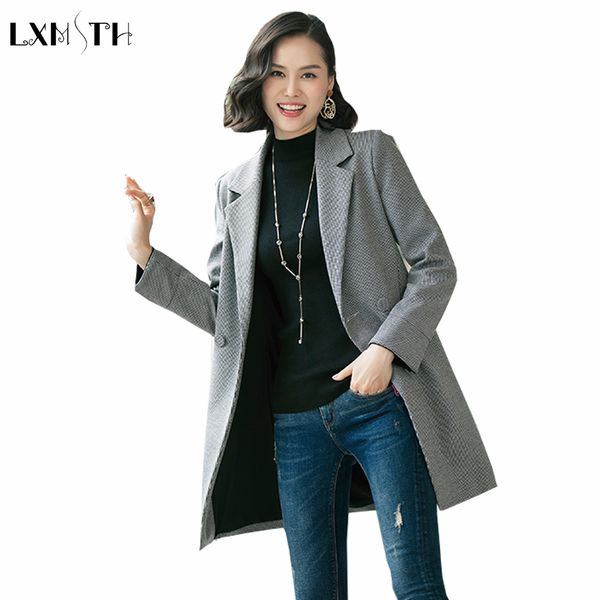 

lxmsth casual long blazers and jackets women double breasted turn down collar office ladies blazer coats big size gray black, White;black