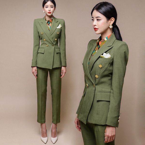 

fashion green women blazer set double-breasted slim jacket & pencil pant women pant suit ladies work suit female 2 piece set, White;black