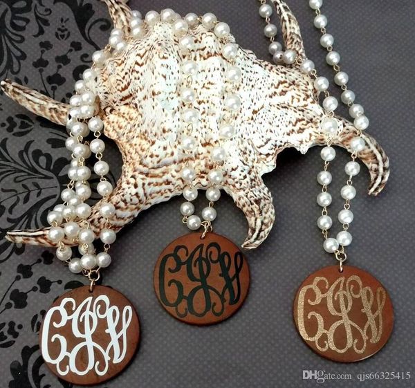 

new fashion long pearl necklace monogram disc wood pendant necklace accessories statement necklace jewelry women, Silver