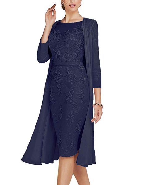 2019 marineblaue, elegante Spitze mit knielangem Chiffon mit 3/4-Ärmeln für die Brautmutter, Crew-Kleid in Übergröße, Vestido Madre De La Novia