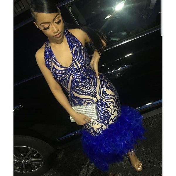 

Royal Blue Mermaid Prom Dresses New Feather Tea Length Open Back Sequined Sleeveless Formal Evening Dress Party Gowns