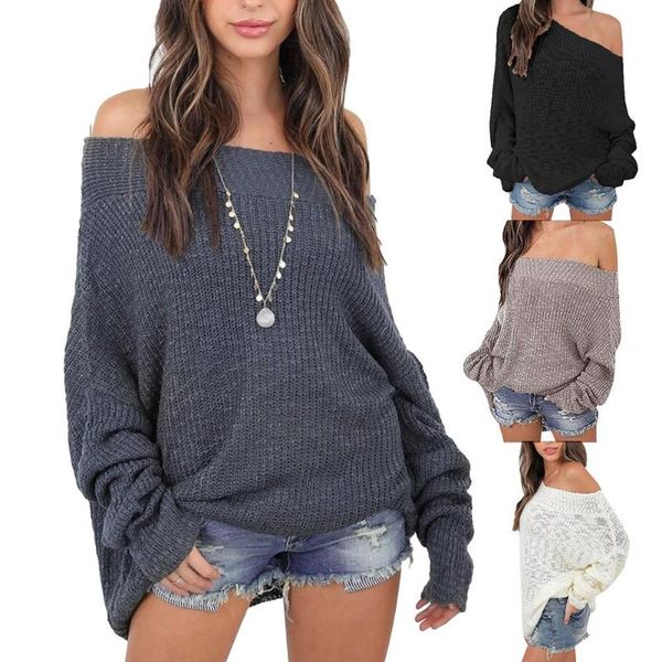 

new women autumn winter solid color long sleeve off shoulder knitted loose sweater, White;black