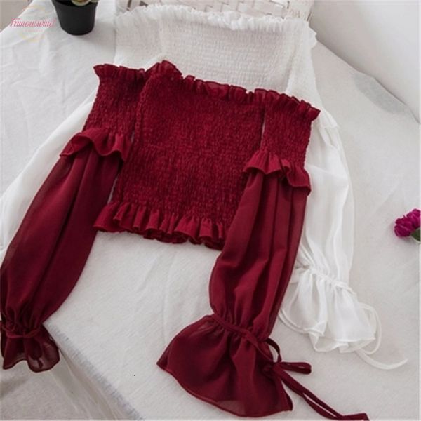 

2020 black solid vintage chiffon shirts off shoulder slash neck women slim long sleevesunscreen blusas zy4428, White