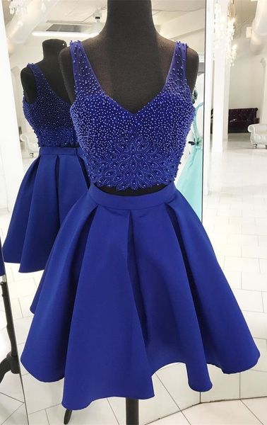

two pieces royal blue homecoming dress with beaded top, Blue;pink