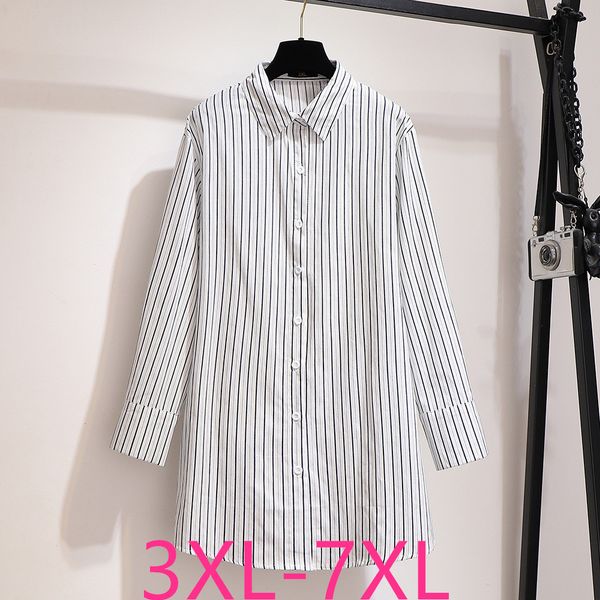

2019 autumn winter plus size for women large blouse long sleeve loose casual stripe lapel long shirt white 4xl 5xl 6xl 7xl