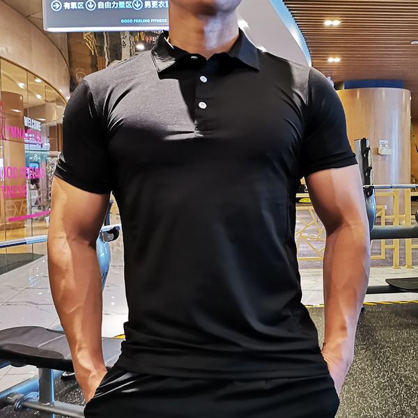 

summer men polo t-shirt gym running training fitness bodybuilding casual sport cotton short sleeve male tees, Black;blue