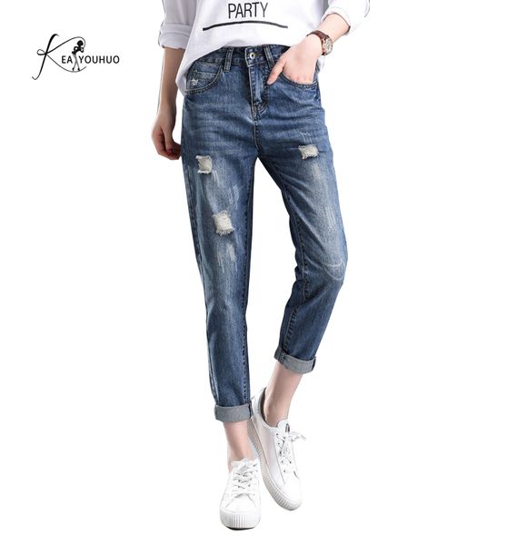 

2019 winter solid wash ripped boyfriend jeans for women high waist skinny jeans woman plus size denim pencil female mom, Blue