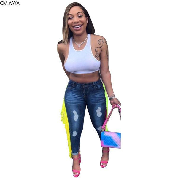 

2019 autumn women hole high waist casual zipper tassel splicing side long jeans high streetwear denim fashion pants gl9180, Blue