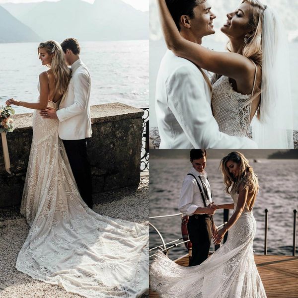 

2020 bohemian beach wedding dresses spaghetti straps beading backless mermaid wedding gowns vestido de novia custom made bridal dress, White