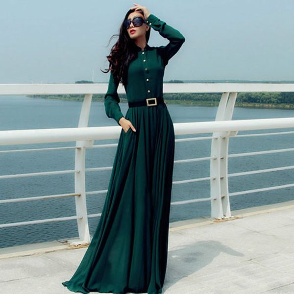 

women dress solid long sleeve high waist elegant dress a-line maxi long summer spring party chiffon dresses, Black;gray