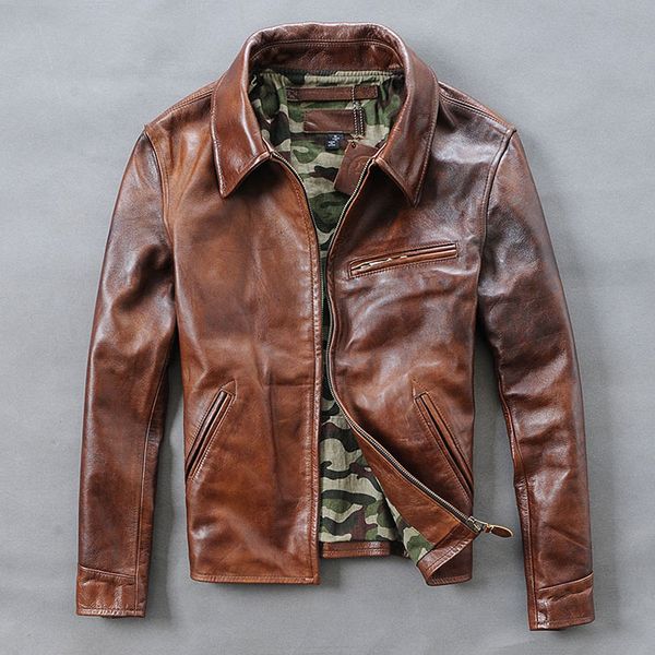 

cowboy style amerian vintage cow slim fit biker jacket for brown genuine leather coat men, Black