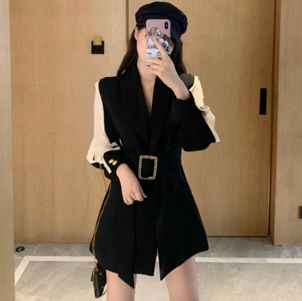 

waistband party autumn winter women's blazers sashes jackets notched outerwear england style solid cardigan street wear, White;black