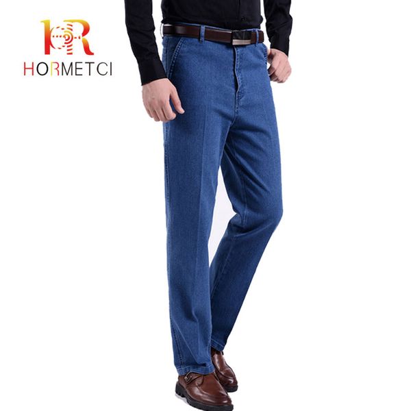 

hormetci jeans men 2019 large size loose straight jeans solid business men's trousers four seasons casual mens denim trousers, Blue