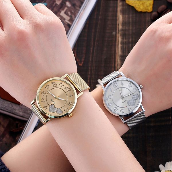

women silver gold mesh love heart dial wristwatches relojes para mujer ladies watch fashion casual women's steel quartz watches, Slivery;brown