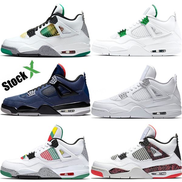 

mens 4 metallic pack white basketball shoes purple green red orange metallic 4s black cat pure white mens designer sports sneakers tra #677