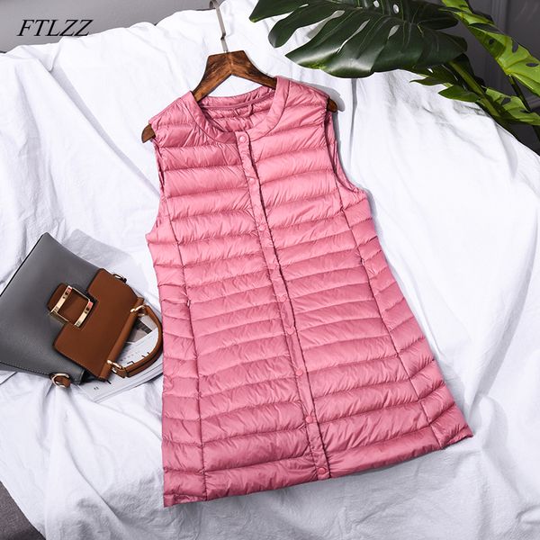 

ftlzz 2019 new ultra light down jacket women white duck down thin vests coat female single breasted outerwear, Black