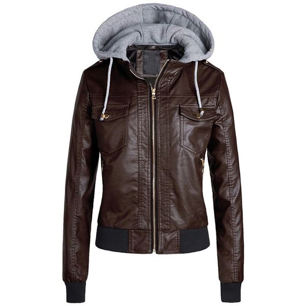 

slim cool lady jackets women slim leather jacket removable zipper caps hooded warm short coats outwear motorcycle temale leat, Black;brown