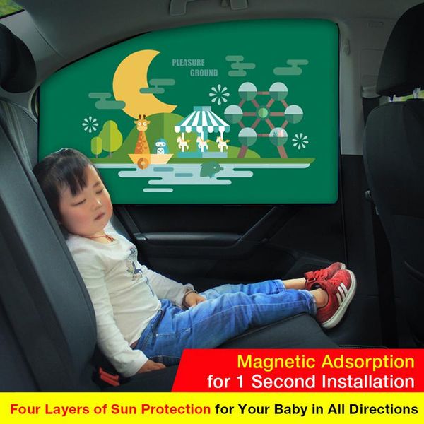 

car sunshade green cartoon magnetic auto side window sunscreen uv protection folding car curtain