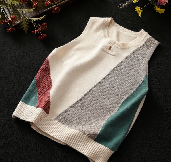 

color block brief button quality v-neck sleeveless knitted vest sweater, White;black