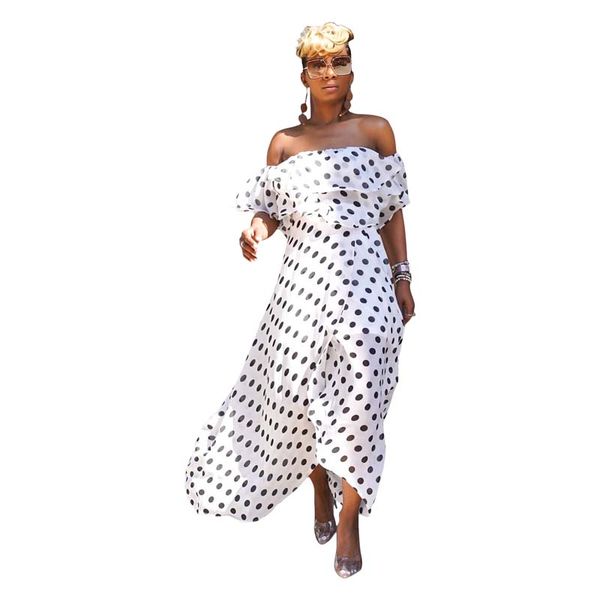 

african clothes slash neck chiffon polka dot dress women summer boho beach ruffles maxi dress sundress holiday evening party, Red