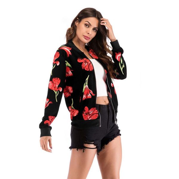 

women's jackets women spring autumn floral print blouse fashion female bomber baseball coat zipper sweatshirt outwear, Black;brown