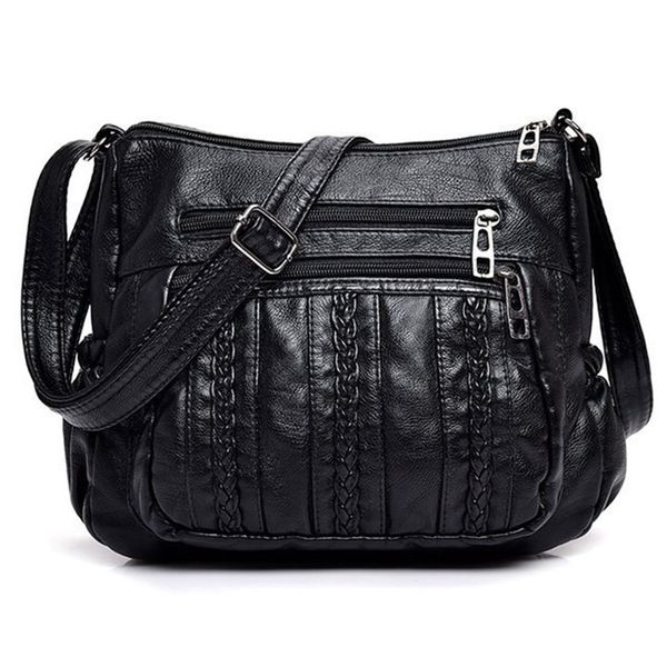

fashion women crossbody bag black soft washed leather shoulder bag patchwork messenger small flap for girls black