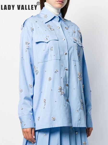 

heavy craft beaded diamond tooling shirt ladies spring fashion temperament wild personality loose, White