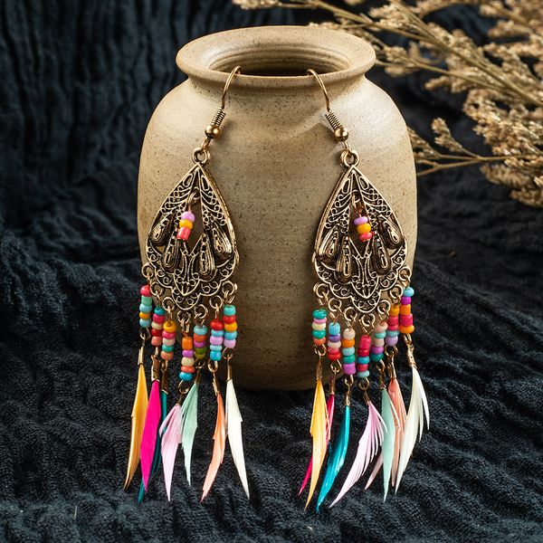 

golden silver color vintage ethnic long feather tassel dangle drop earrings for women female indian jewelry accessories