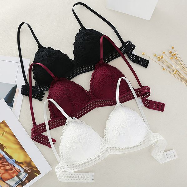 

women bralette french style lace bra girls triangle cup lingerie deep v wireless underwear soft thin seamless bra, Red;black