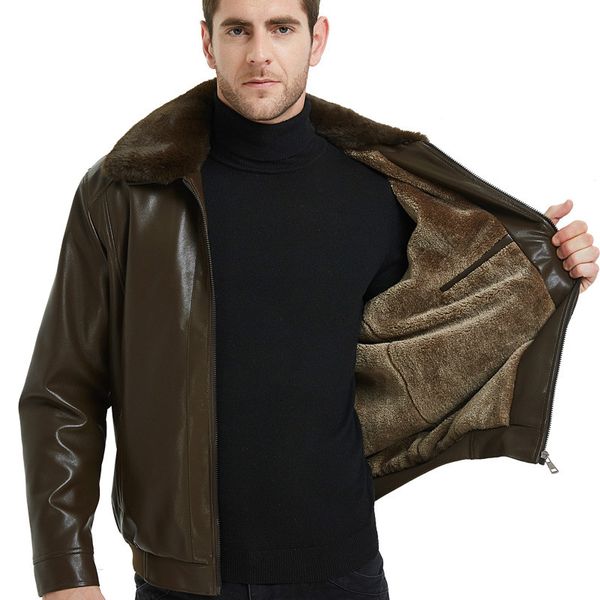 

men's new lapel leather men's middle-aged leather fur collar detachable jacket thick warm jacket simple fashion, Black