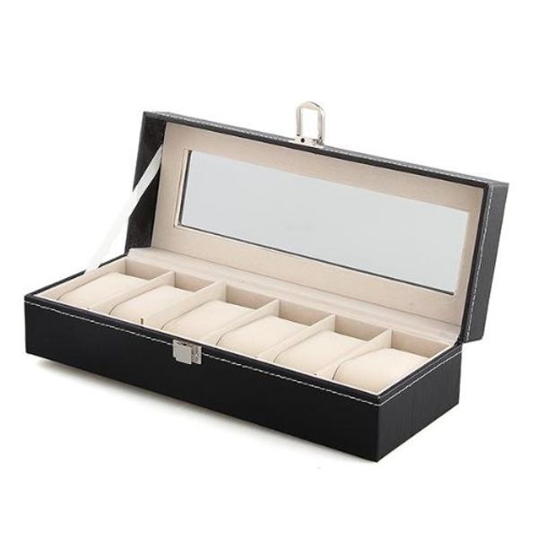 

mens 6 slots leather jewelry watch show case storage display box, Black;blue