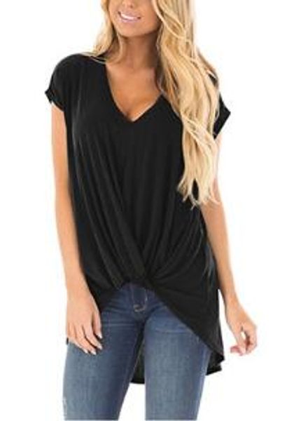 

blouses women solid t-shirt knot short clothes casual vestidos twist sleeve v neck tees fashion summer loose slim costume blusas b rehn, Black