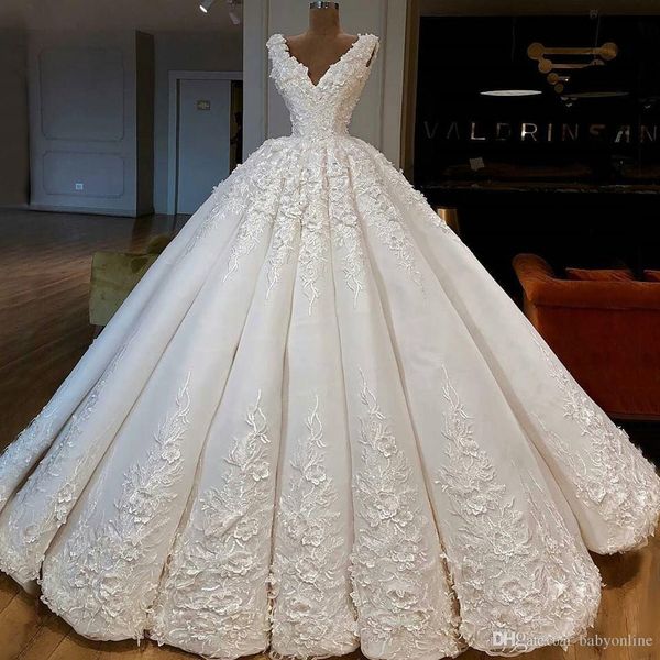 Vestidos de casamento vestidos de bola de luxo 2019 v pescoço laço apliques lantejoulas beaded longo inchado vestidos de noiva com anágua