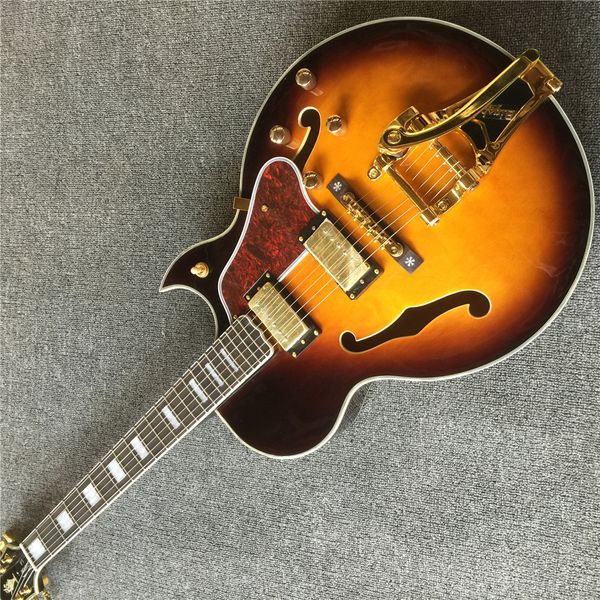 

бесплатная доставка l5 факел против полу-полый двойной f-отверстие электрогитара красно-коричневый петля желтый задняя сторона тигровый клен